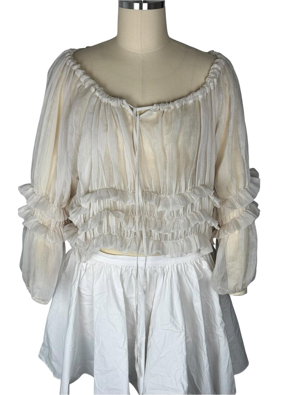 Ciel USA Vintage Sheer Gauze Tiered Ruffle Poet Blouse Large Boho Coquette Ivory